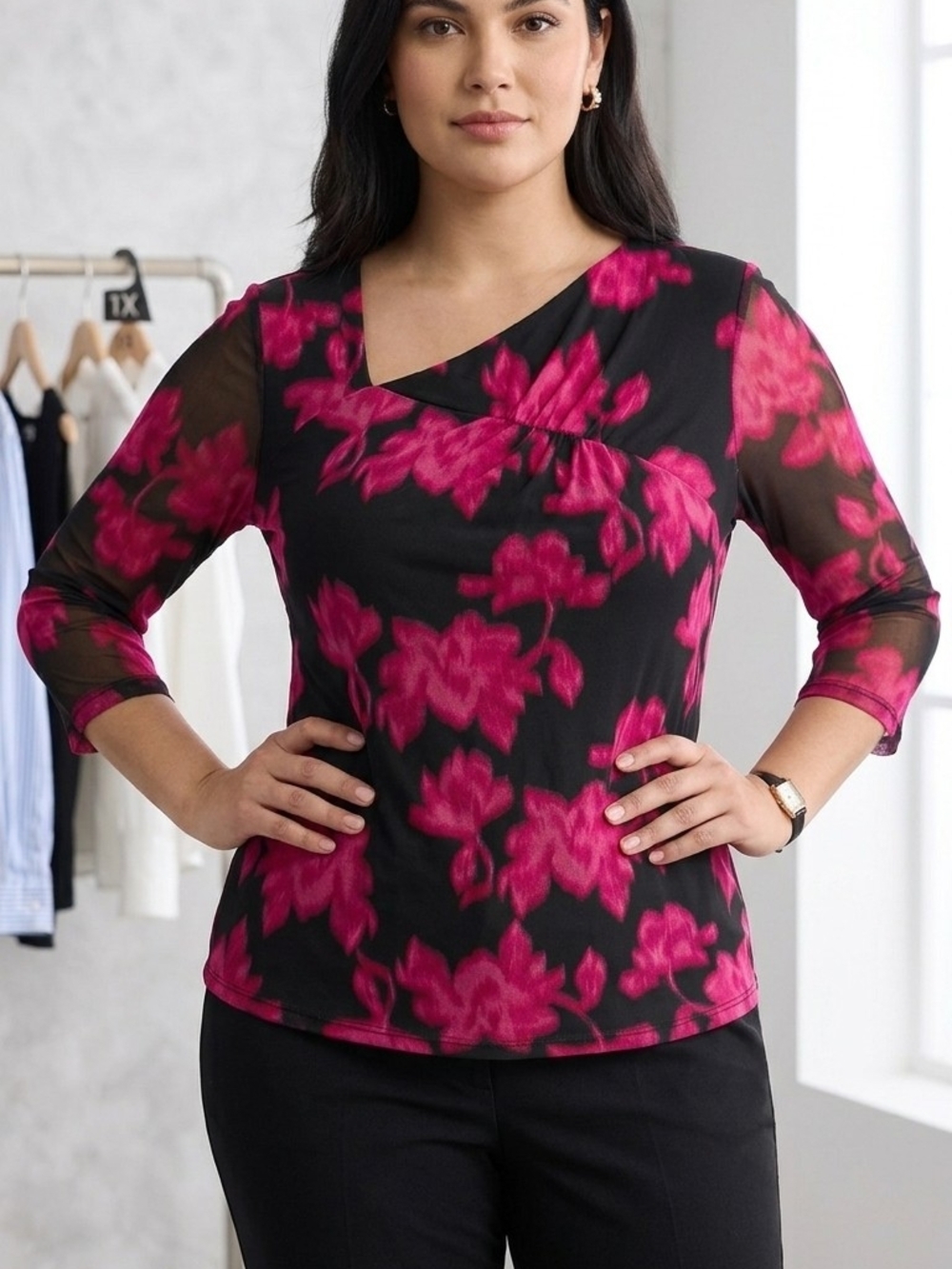 Women's Pink Floral Sheer-Sleeve Top